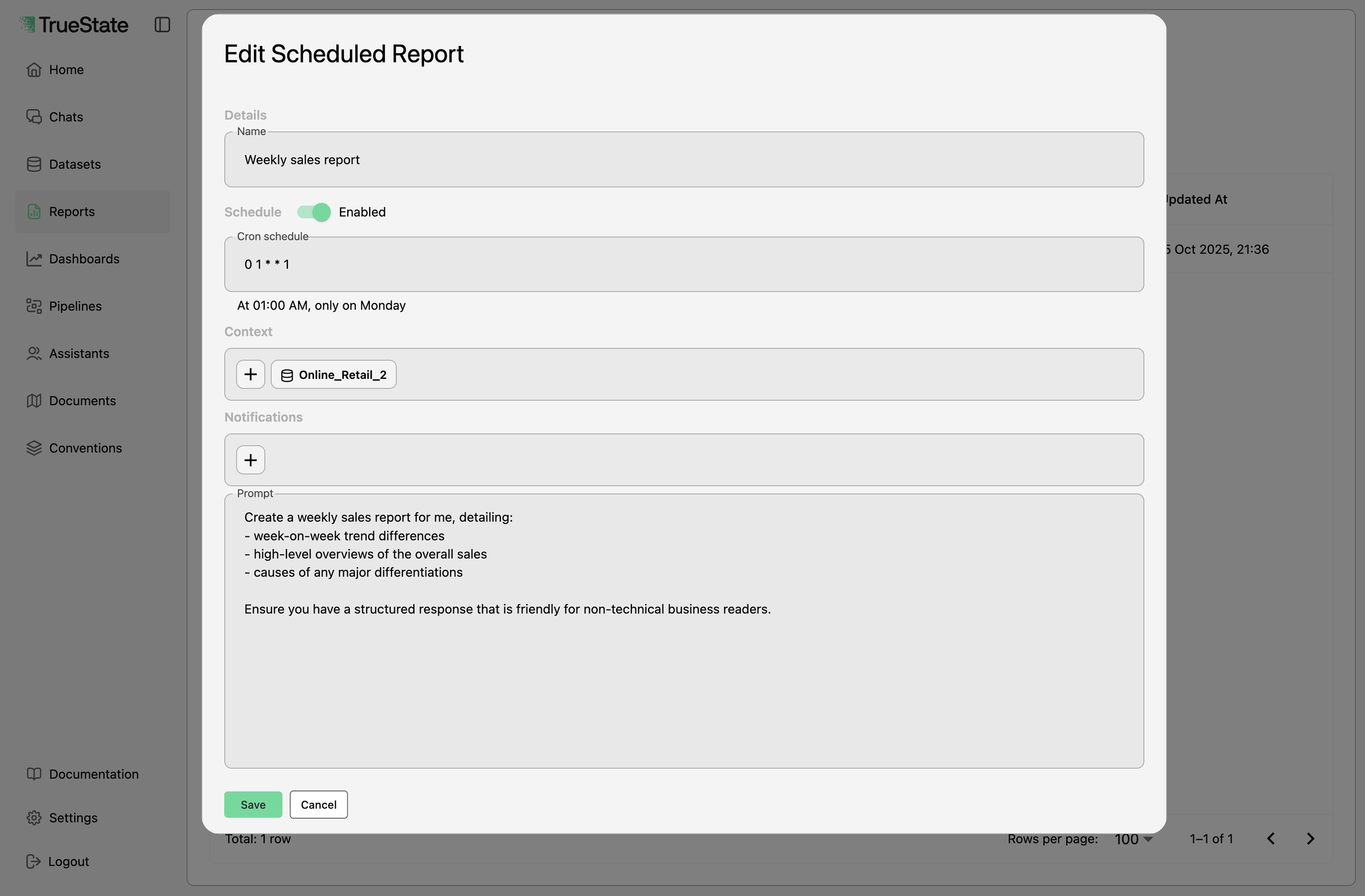 Automated reporting schedule interface